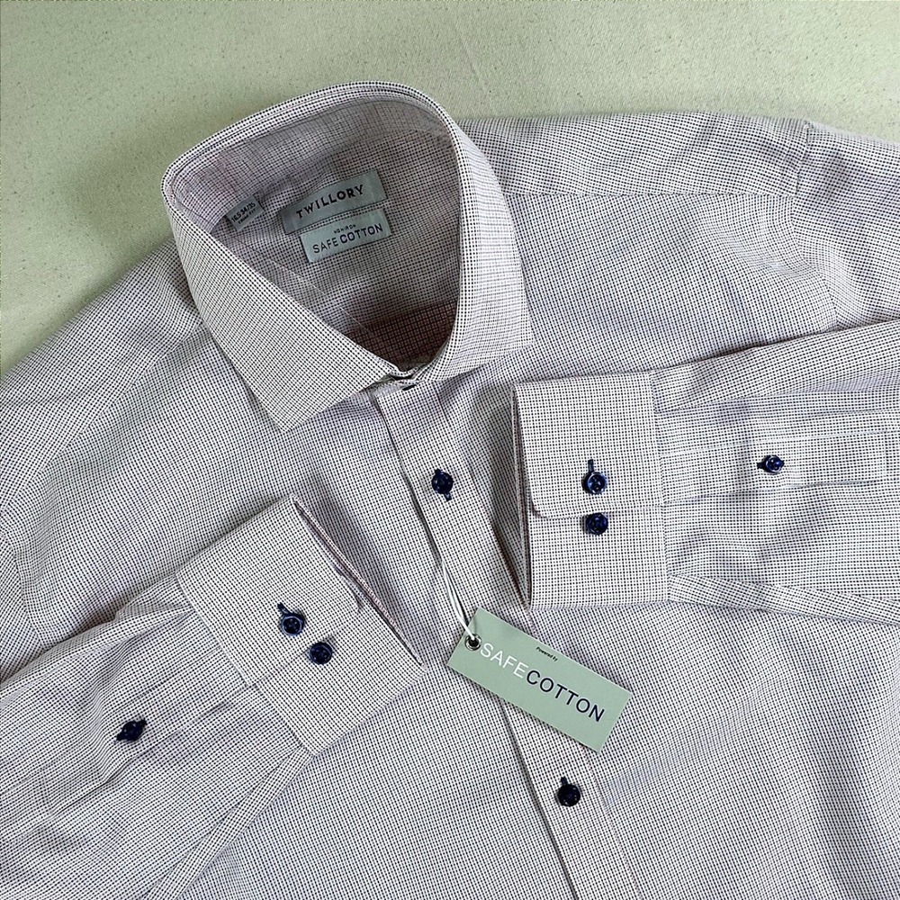 Twillory Non-Iron Safe Cotton Dress Shirt Mens 16.5 34/35 Trim Fit Micro Check